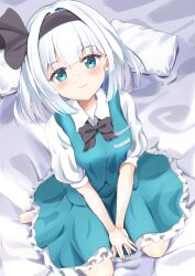 Rule 34 | 1girl, barefoot, black bow, black bowtie, black hairband, bow, bowtie, closed mouth, collared shirt, commentary, frilled skirt, frills, from above, full body, green eyes, green skirt, green vest, hairband, highres, konpaku youmu, on bed, own hands together, pillow, seiza, shirotsuki shirone, shirt, short hair, short sleeves, sitting, skirt, smile, solo, touhou, v arms, vest, white hair, white shirt