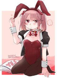 Rule 34 | 1girl, alternate costume, animal ears, black jacket, black pantyhose, bow, bowtie, breasts, dated, detached collar, fake animal ears, hair bobbles, hair ornament, heart lock (kantai collection), izumiyamisono, jacket, kantai collection, leotard, pantyhose, pink eyes, pink hair, playboy bunny, puffy short sleeves, puffy sleeves, rabbit ears, red leotard, sazanami (kancolle), short hair, short sleeves, small breasts, solo, twintails, twitter username, wrist cuffs, yes, yes-no pillow