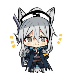 Rule 34 | 1girl, :3, animal ears, arknights, armor, black coat, black gloves, black pants, blush, chibi, coat, commentary request, gloves, grani (arknights), grey eyes, grey hair, hair between eyes, hands on own hips, hat, hip vent, horse ears, horse girl, horse tail, long hair, long sleeves, looking at viewer, open clothes, pants, pinch (nesume), simple background, solo, tail, visor cap, white background