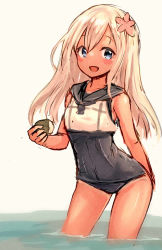 Rule 34 | 1girl, :d, blonde hair, blue eyes, commentary request, crop top, flower, hair flower, hair ornament, highres, kantai collection, long hair, looking at viewer, one-piece swimsuit, one-piece tan, open mouth, ro-500 (kancolle), sailor collar, school swimsuit, school uniform, serafuku, smile, solo, swimsuit, swimsuit under clothes, tan, tanline, wading, wss (nicoseiga19993411)
