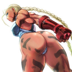 Rule 34 | 1girl, ass, ass focus, blonde hair, blue eyes, braid, breasts, cameltoe, cammy, cammy white, capcom, curvy, from behind, gloves, hat, highleg, highleg leotard, huge ass, leotard, long hair, looking at viewer, muscular, muscular female, shiny skin, shopyun, sleeveless, solo, street fighter, thick thighs, thighs, thong leotard, twin braids, very long hair, wide hips