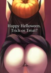 Rule 34 | 1girl, arms up, ass, ass focus, cape, cloak, cosplay, english text, ero kaeru, from behind, halloween, happy halloween, jack-o&#039;-lantern, naked cloak, original, pumpkin on head, simple background, solo, thigh gap, thighs, tree, trick or treat