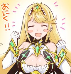 Rule 34 | 1girl, armor, blonde hair, breasts, cleavage, cleavage cutout, closed eyes, clothing cutout, earrings, gem, gloves, headpiece, jewelry, large breasts, madanai (morisumeshi), mythra (xenoblade), nintendo, open mouth, solo, swept bangs, thigh strap, tiara, xenoblade chronicles (series), xenoblade chronicles 2