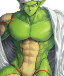 1boy abs antennae brown_eyes collarbone colored_skin commentary_request dragon_ball dragon_ball_(classic) dragonball_z green_skin implied_nudity kinjuu_(hariharitt) looking_to_the_side looking_up male_focus muscular muscular_male namekian piccolo pointy_ears shawl solo turban white_background white_shawl white_turban