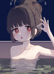 1girl absurdres bathing black_hair blue_archive breasts collarbone flat_chest grey_halo hair_bun halo highres looking_at_viewer miyu_(blue_archive) nude nyune open_mouth partially_submerged pebble red_eyes short_hair small_breasts solo upper_body water wet