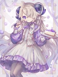 Rule 34 | 1girl, ahoge, berry, black pantyhose, blonde hair, brooch, cake, cheesecake, closed mouth, crossed bangs, curled horns, dress, expressionless, feet out of frame, food, fork, frilled dress, frilled sleeves, frills, grey horns, hair over one eye, hands up, highres, holding, holding fork, holding plate, horns, jewelry, legs together, light blush, long hair, long sleeves, looking at viewer, neoki ohae, one eye covered, original, pantyhose, picture frame, pinstripe dress, pinstripe pattern, plate, puffy long sleeves, puffy sleeves, purple dress, purple eyes, purple horns, purple ribbon, ribbon, sheep horns, solo, striped, striped horns, twitter username, very long hair, watermark, white dress, white ribbon