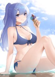 Rule 34 | 1girl, :q, absurdres, arm at side, bare legs, bare shoulders, bikini, blue choker, blue eyes, blue hair, blue ribbon, blue sky, breasts, choker, cleavage, closed mouth, collarbone, commission, copyright request, day, dhokidoki, feet out of frame, food, front-tie bikini top, front-tie top, hair ornament, highres, holding, holding food, ice cream, ice cream cone, knee up, large breasts, long hair, looking at viewer, multi-strapped bikini, one side up, outdoors, pixiv commission, reflection, ribbon, shallow water, sitting, skindentation, sky, smile, solo, swimsuit, tongue, tongue out, virtual youtuber, water