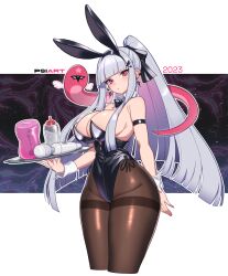 Rule 34 | 1girl, absurdres, animal ears, armband, artificial vagina, ayaka (genshin impact), black leotard, breasts, brown pantyhose, chinese zodiac, cleavage, covered navel, detached collar, earrings, genshin impact, ghost, grey hair, highres, hime cut, holding, holding tray, jewelry, large breasts, leotard, long hair, looking at viewer, lube, new year, night, night sky, pantyhose, pink eyes, playboy bunny, ponytail, psidubs, rabbit ears, sex toy, sidelocks, sky, solo, star (sky), starry sky, straight hair, strapless, strapless leotard, thick thighs, thighband pantyhose, thighs, tray, upper body, very long hair, vibrator, wrist cuffs, year of the rabbit