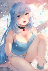 Rule 34 | 1girl, blue eyes, blue hair, blue panties, blue shirt, breast press, breasts, choker, cleavage, collar, covered erect nipples, emori miku, heart, heart choker, highres, knee up, large breasts, lips, liver city, looking at viewer, looking up, nail polish, open mouth, panties, scrunchie, seiza, shirt, sitting, skindentation, solo, spaghetti strap, striped clothes, striped panties, takami masahiro, tank top, thighs, underwear, underwear only