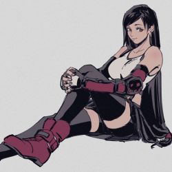 Rule 34 | 1girl, asymmetrical bangs, black hair, black thighhighs, breasts, brown eyes, earrings, elbow pads, female focus, final fantasy, final fantasy vii, final fantasy vii remake, fingerless gloves, gloves, highres, jewelry, large breasts, long hair, low-tied long hair, oimo (oimkimn), one leg raised, sitting, solo, square enix, straight hair, suspenders, tank top, thighhighs, tifa lockhart