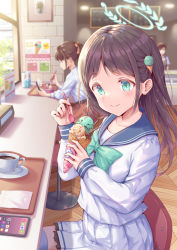 Rule 34 | airi (blue archive), aqua bow, aqua eyes, bar stool, black hair, blue archive, blue sailor collar, blue thighhighs, blush, bow, bowtie, cellphone, coffee, coffee mug, commentary, counter, cup, day, food, food-themed hair ornament, hair ornament, halo, hirokazu (analysis-depth), holding, holding food, holding spoon, ice cream, ice cream cone, ice cream hair ornament, long hair, long sleeves, looking at viewer, miniskirt, mint chocolate, mint chocolate chip, mug, parted bangs, phone, sailor collar, school uniform, serafuku, sitting, skirt, smartphone, smile, spoon, stool, thighhighs, tray, white serafuku, white skirt, window