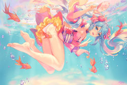Rule 34 | 1girl, :d, adapted costume, air bubble, artist name, ass, atdan, bare legs, barefoot, blue eyes, blue hair, breasts, bubble, censored, clothing aside, convenient censoring, feet, fish, full body, goldfish, hair between eyes, halterneck, hand fan, hand up, hatsune miku, holding, holding fan, japanese clothes, kimono, long hair, looking at viewer, medium breasts, open mouth, panties, panties aside, paper fan, plantar flexion, revision, short kimono, sidelocks, signature, sleeveless, sleeveless kimono, smile, solo, swimsuit, thighs, toes, twintails, uchiwa, underwater, underwear, v, vocaloid
