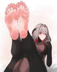 Rule 34 | 1girl, absurdres, barefoot, citrusted, feet, goddess of victory: nikke, highres, legs up, long hair, looking at viewer, parted lips, red eyes, scarlet (nikke), soles, sweat, toes