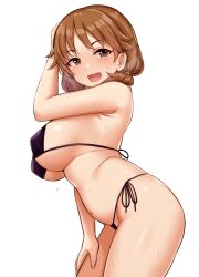 Rule 34 | 1girl, bikini, black bikini, blush, breasts, brown eyes, brown hair, commentary request, hand on own thigh, highres, idolmaster, idolmaster cinderella girls, katagiri sanae, large breasts, looking at viewer, open mouth, side-tie bikini bottom, simple background, solo, standing, sweat, swimsuit, thighs, tomajiyama, white background