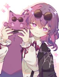 Rule 34 | 1girl, animal, animal ears, bandana, black bandana, black jacket, bow, bowtie, cat, cat ears, cat tail, closed mouth, collared shirt, colored inner hair, eyewear on head, hair between eyes, hands up, highres, holding, holding animal, honkai: star rail, honkai (series), jacket, kafka (honkai: star rail), lapels, long sleeves, longcat (meme), looking at viewer, meme, multicolored hair, open clothes, open jacket, pink hair, pink pupils, puffy long sleeves, puffy sleeves, purple bow, purple bowtie, purple eyes, purple fur, purple hair, purple ribbon, ribbon, round eyewear, shadow, shirt, short hair, sidelocks, simple background, smile, soufflebune, spider web print, standing, star (symbol), sunglasses, suspenders, tail, white background, white shirt, wing collar