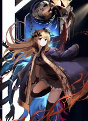 Rule 34 | 1girl, black dress, black thighhighs, blonde hair, blue eyes, closed mouth, coat, dress, eruthika, expressionless, fantasy, hair ornament, hand up, highres, light rays, long hair, looking at viewer, original, over-kneehighs, short dress, sidelocks, solo, thighhighs