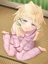 Rule 34 | 10s, 1girl, bare shoulders, barefoot, black bullet, blonde hair, blue eyes, blunt bangs, blush, curtains, from above, highres, indoors, kamelie, long hair, looking at viewer, messy hair, off shoulder, pajamas, pants, parted lips, plaid, plaid pants, plaid shirt, shirt, shirt down, sitting, sleepwear, unworn sleeves, solo, tatami, tina sprout, v arms