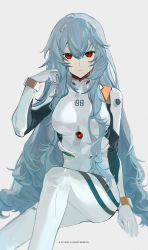 Rule 34 | 1girl, ayanami rei, blue hair, bodysuit, evangelion: 3.0+1.0 thrice upon a time, expressionless, gloves, grey background, hair between eyes, highres, holding, holding hair, k00s, long hair, neon genesis evangelion, pilot suit, plugsuit, rebuild of evangelion, red eyes, sitting, solo, very long hair, white bodysuit, white gloves