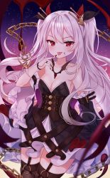 Rule 34 | 1girl, absurdres, azur lane, bare shoulders, bat wings, belt, black dress, blood, blurry, blush, breasts, brown thighhighs, chain, cleavage, collarbone, cowboy shot, depth of field, detached sleeves, dress, finger to mouth, garter straps, gradient background, hair ornament, highres, long hair, long sleeves, looking at viewer, medium breasts, nail polish, red eyes, red nails, reel (riru), shade, slit pupils, solo, standing, strapless, strapless dress, thighhighs, tongue, tongue out, two side up, underbust, v-shaped eyebrows, vampire (azur lane), vampire (night princess&#039;s regalia) (azur lane), white hair, wings, zettai ryouiki