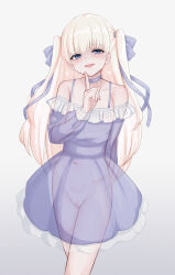 Rule 34 | 1girl, arm behind back, bare shoulders, blonde hair, blue choker, blue dress, blue eyes, blush, bow, censored, choker, cleft of venus, collarbone, dress, eyelashes, finger to own chin, flat chest, frilled choker, frilled dress, frills, gradient background, hair bow, highres, hip bones, lace trim, long hair, long sleeves, looking at viewer, mosaic censoring, mustee, narrow waist, navel, nipples, no bra, no panties, off shoulder, open mouth, original, pussy, ribbon, see-through, see-through dress, sidelocks, simple background, skinny, slim legs, smile, solo, standing, two side up, upper body, very long hair, white background