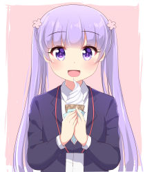 Rule 34 | 1girl, :d, absurdres, blunt bangs, blush, business suit, collared shirt, commentary request, food, formal, highres, holding, ice cream, ikazu401, jacket, long hair, long sleeves, looking at viewer, name tag, new game!, open mouth, pink background, purple eyes, purple hair, purple jacket, shirt, simple background, smile, solo, suit, suzukaze aoba, twintails, upper body, white shirt, wing collar