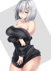 Rule 34 | 10s, 1girl, alternate costume, bare shoulders, black dress, blue eyes, blush, breast hold, breasts, cleavage, collarbone, cowboy shot, dress, eyes visible through hair, hair ornament, hair over one eye, hairclip, hamakaze (kancolle), highres, kantai collection, kinntarou, large breasts, looking at viewer, off-shoulder dress, off shoulder, parted lips, short dress, short hair, silver hair, solo, sweater, sweater dress