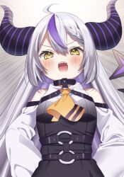 Rule 34 | 1girl, ahoge, ascot, bare shoulders, black horns, blush, braid, braided bangs, detached sleeves, grey hair, highres, hololive, horns, la+ darknesss, la+ darknesss (1st costume), long hair, looking at viewer, multicolored hair, o-ring, open mouth, pointy ears, pome charo, purple hair, streaked hair, striped horns, virtual youtuber, yellow ascot, yellow eyes