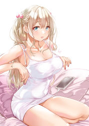 Rule 34 | 1girl, adjusting clothes, bed, blonde hair, blue eyes, blush, bracelet, breasts, cellphone, cleavage, collarbone, dress, hair between eyes, highres, jewelry, koji (kojikojimdw), large breasts, lipstick, long hair, looking at viewer, makeup, nail polish, necklace, on bed, original, phone, pillow, ring, ring necklace, short dress, sidelocks, simple background, sitting, sleeveless, sleeveless dress, smartphone, solo, two side up, wariza, white background, white dress