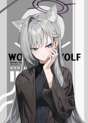 Rule 34 | 1girl, absurdres, animal ear fluff, animal ears, black dress, blue archive, blue eyes, blush, brown coat, closed mouth, coat, dark halo, dress, extra ears, grey hair, halo, highres, long hair, long sleeves, mismatched pupils, open clothes, open coat, shiroko (blue archive), shiroko terror (blue archive), solo, sugar (dndi888), upper body, wolf ears