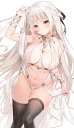 Rule 34 | 1girl, arm up, bikini, black ribbon, black thighhighs, blush, bracelet, braid, breasts, closed mouth, commentary request, earrings, elf, feet out of frame, groin, hair ribbon, halterneck, head tilt, highleg, highleg bikini, highres, holding, jewelry, large breasts, long hair, looking at viewer, navel, original, pointy ears, ribbon, ring, simple background, smile, solo, sora 72-iro, standing, stomach, swimsuit, thighhighs, thumb ring, very long hair, white background, white bikini, white hair, yellow eyes