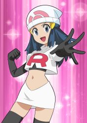 Rule 34 | 1girl, :d, absurdres, beanie, black footwear, black gloves, black hair, black shirt, boots, clenched hand, commentary request, cosplay, creatures (company), cropped jacket, dawn, dawn (pokemon), elbow gloves, eyelashes, game freak, gloves, grey eyes, hainchu, hat, highres, jacket, jessie (pokemon), jessie (pokemon) (cosplay), logo, long hair, looking at viewer, nintendo, open mouth, outstretched arm, pink background, pokemon, pokemon (anime), pokemon journeys, shirt, sidelocks, skirt, smile, solo, spread fingers, team rocket, thigh boots, white hat, white jacket, white skirt