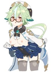 Rule 34 | 1girl, animal ears, beret, black leotard, black thighhighs, blue hair, blue leotard, blush, breasts, breasts out, brooch, brown-framed eyewear, cape, clothes down, cropped legs, frilled leotard, frills, fur collar, garter straps, genshin impact, glasses, gloves, gold trim, green hair, hair between eyes, hat, highres, jewelry, leaning forward, leotard, light blue hair, long hair, long sleeves, looking at viewer, multicolored hair, nipples, open mouth, orange eyes, ponytail, seion, semi-rimless eyewear, small breasts, solo, streaked hair, sucrose (genshin impact), sweat, thighhighs, two-tone leotard, under-rim eyewear, vision (genshin impact), white background, white cape, white gloves, white sleeves