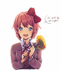 Rule 34 | 1girl, :d, bow, brown vest, collared shirt, commentary, doki doki literature club, flower, hair bow, holding, holding flower, jacket, long sleeves, looking at viewer, neck ribbon, open clothes, open jacket, open mouth, purple eyes, red bow, red hair, red jacket, red ribbon, ribbon, round teeth, satchely, sayori (doki doki literature club), school uniform, shirt, short hair, simple background, smile, solo, speech bubble, sunflower, teeth, upper body, vest, white background, wing collar