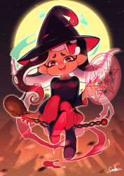 Rule 34 | 1girl, alternate costume, ankle boots, arm support, artist name, aura, black dress, black footwear, black hair, black hat, boots, cephalopod eyes, colored skin, commentary, coula cat, dark-skinned female, dark skin, dress, fangs, flying, full moon, gradient hair, green eyes, hat, head tilt, highres, long hair, long sleeves, looking at viewer, magical girl, marina (splatoon), mole, mole under mouth, moon, multicolored hair, multicolored skin, night, nintendo, octoling, open mouth, pantyhose, pink pupils, pointy ears, red hair, red pantyhose, short dress, signature, sitting, smile, solo, splatoon (series), splatoon 2, suction cups, tentacle hair, witch, witch hat, zipper