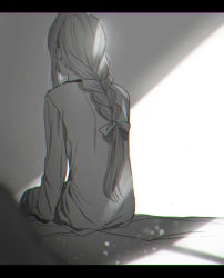 Rule 34 | 1girl, absurdres, alice zuberg, bad id, bad pixiv id, blurry, blurry foreground, bow, braid, braided ponytail, crying, dress, greyscale, hair bow, highres, letterboxed, long hair, long sleeves, monochrome, ponytail, riko201008, sitting, solo, sword art online, tears, very long hair