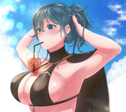 Rule 34 | 1girl, aa yori, arms up, bikini, black bikini, blue eyes, blue hair, blue sky, breasts, bubble tea challenge, byleth (female) (fire emblem), byleth (female) (summer) (fire emblem), byleth (fire emblem), cleavage, cloud, drinking, drinking straw, fire emblem, fire emblem: three houses, fire emblem heroes, glass, highres, large breasts, nintendo, object on breast, official alternate costume, sky, solo, swimsuit, upper body