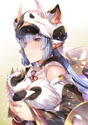 Rule 34 | 1girl, animal ears, animal print, bare shoulders, bikini, blue hair, blush, breasts, catura (granblue fantasy), cleavage, closed mouth, cow, cow ears, cow girl, cow hat, cow horns, cow print, detached collar, detached sleeves, draph, ear piercing, granblue fantasy, highres, horns, hug, large breasts, long hair, looking at viewer, piercing, pointy ears, see-through, smile, solo, swimsuit, tachibana yuu, thighs, white bikini, wide sleeves, yellow eyes