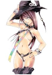 Rule 34 | 1girl, bikini, bracelet, breasts, brown hair, choker, collar, frills, hat, jewelry, jonathan liang, long hair, medium breasts, micro bikini, ribbon, skull, solo, swimsuit, tan, tanline, thighhighs, too (totoo), toounit, underboob, witch, witch hat