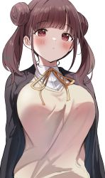 Rule 34 | 1girl, absurdres, black jacket, blush, breasts, brown hair, cardigan, closed mouth, double bun, hair bun, highres, idolmaster, idolmaster shiny colors, jacket, large breasts, long hair, long sleeves, looking at viewer, neck ribbon, open clothes, open jacket, red eyes, ribbon, sak (lemondisk), school uniform, short twintails, simple background, solo, sonoda chiyoko, twintails, yellow ribbon