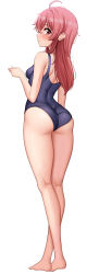 Rule 34 | 1girl, absurdres, ahoge, ass, bare legs, blue one-piece swimsuit, breasts, from behind, full body, highres, idolmaster, idolmaster shiny colors, kneepits, komiya kaho, landel, long hair, looking at viewer, looking back, old school swimsuit, one-piece swimsuit, red eyes, red hair, school swimsuit, small breasts, solo, standing, swimsuit