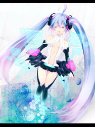 Rule 34 | 1girl, ahoge, bad id, bad pixiv id, bare shoulders, binary, blue eyes, blue hair, breasts, bridal gauntlets, center opening, hatsune miku, hatsune miku (append), hexagon, highres, hologram, holographic interface, holographic monitor, ku m, letterboxed, long hair, matching hair/eyes, navel, necktie, small breasts, solo, thighhighs, twintails, very long hair, vocaloid, vocaloid append