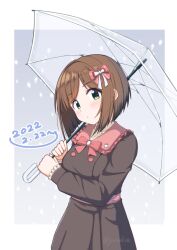 Rule 34 | 1girl, black dress, blush, border, bow, bowtie, breasts, brown hair, closed mouth, cowboy shot, dated, dot nose, dress, frilled dress, frills, gradient background, green eyes, grey background, hair bow, hair ribbon, holding, holding umbrella, idolmaster, idolmaster cinderella girls, idolmaster cinderella girls starlight stage, large breasts, long sleeves, looking at viewer, maekawa miku, outside border, red bow, red bowtie, ribbon, short hair, snowing, solo, standing, sweater, transparent, transparent umbrella, turtleneck, turtleneck sweater, twitter username, two-tone ribbon, umbrella, white border, yellow sweater, youdie