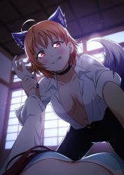 Rule 34 | 2girls, absurdres, ahoge, animal ears, black collar, black pants, breasts, collar, collarbone, collared shirt, downblouse, dress shirt, earrings, fang, fang out, female pov, highres, holding another&#039;s wrist, indoors, jewelry, kemonomimi mode, kougi hiroshi, large breasts, licking lips, love live!, love live! sunshine!!, multiple girls, navel, no bra, orange hair, pants, pov, red eyes, sakurauchi riko, shirt, short hair, solo focus, tail, takami chika, tongue, tongue out, white shirt, wolf ears, wolf girl, wolf tail, yuri