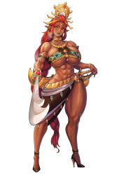 Rule 34 | 1girl, abs, absurdres, aged up, breasts, earrings, eyeshadow, female focus, full body, gerudo, green eyes, high heels, highres, huge breasts, jewelry, kongman99, lipstick, long hair, looking at viewer, makeup, muscular, muscular female, nail polish, nintendo, pointy ears, red hair, revealing clothes, riju, solo, steam, sweat, sword, the legend of zelda, the legend of zelda: tears of the kingdom, thick thighs, thighs, underboob, very long hair, weapon, wide hips