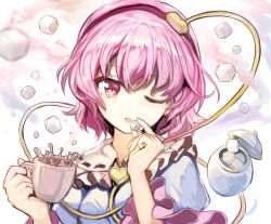 Rule 34 | 1girl, blue shirt, commentary request, cup, frilled shirt collar, frills, fuepo, hair between eyes, hair ornament, hairband, hands up, head tilt, heart, heart hair ornament, highres, holding, holding cup, komeiji satori, looking at viewer, one eye closed, parted lips, pink eyes, pink hair, puffy short sleeves, puffy sleeves, purple hairband, shirt, short hair, short sleeves, smile, solo, sugar cube, teacup, touhou, upper body, white background