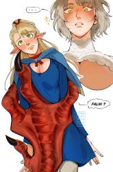 Rule 34 | 2girls, blonde hair, blue robe, blush, breasts, chimera, cleavage, dungeon meshi, falin touden, falin touden (chimera), from below, girl on top, green eyes, highres, marcille donato, multiple girls, pointy ears, robe, short hair, thecatkeo, yellow eyes, yuri