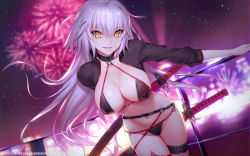 Rule 34 | absurdres, ahoge, bikini, black bikini, black choker, black gloves, black jacket, breasts, choker, cleavage, cropped jacket, fate/grand order, fate (series), gloves, highres, jacket, jeanne d&#039;arc alter (swimsuit berserker) (fate), jeanne d&#039;arc (fate), jeanne d&#039;arc alter (fate), jeanne d&#039;arc alter (swimsuit berserker) (fate), katana, long hair, o-ring, o-ring bikini, o-ring bottom, o-ring top, outdoors, red thighhighs, shadowgrave, shrug (clothing), single thighhigh, solo, swimsuit, sword, thigh strap, thighhighs, thighs, weapon, yellow eyes