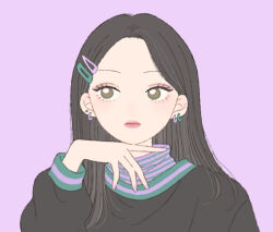 Rule 34 | 1girl, black hair, black shirt, black sweater, bright pupils, brown eyes, earrings, hair behind ear, hair ornament, hairclip, hand up, head rest, jewelry, long hair, long sleeves, looking to the side, original, pink background, portrait, purple background, rikuwo, shirt, simple background, solo, striped clothes, sweater, upper body, white pupils