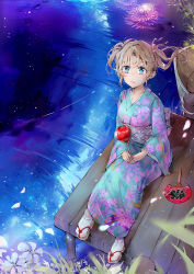 Rule 34 | 1girl, aerial fireworks, blue eyes, blue kimono, blush, brown footwear, brown hair, candy apple, commentary request, dema hmw, fireworks, floral print, flower, food, hair ribbon, hand fan, highres, holding, holding food, japanese clothes, kimono, lake, long sleeves, night, obi, original, outdoors, paper fan, parted lips, pier, pink ribbon, print kimono, reflection, reflective water, ribbon, sandals, sash, sitting, sleeves past wrists, socks, solo, tabi, teeth, twintails, uchiwa, upper teeth only, water, white flower, white socks, wide sleeves, yukata, zouri
