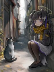 Rule 34 | 1girl, absurdres, animal, animal ears, black footwear, black hair, black jacket, blue archive, blue eyes, brown pantyhose, cat, closed mouth, dog ears, dog girl, dog tail, halo, hibiki (blue archive), highres, jacket, jiyuneva, long sleeves, looking at viewer, outdoors, pantyhose, plaid, plaid scarf, pleated skirt, road, scarf, shoes, sitting, skirt, street, tail, white skirt, yellow halo, yellow scarf